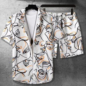 Street Style White Men's Figure Graphic Shirt & Short Set